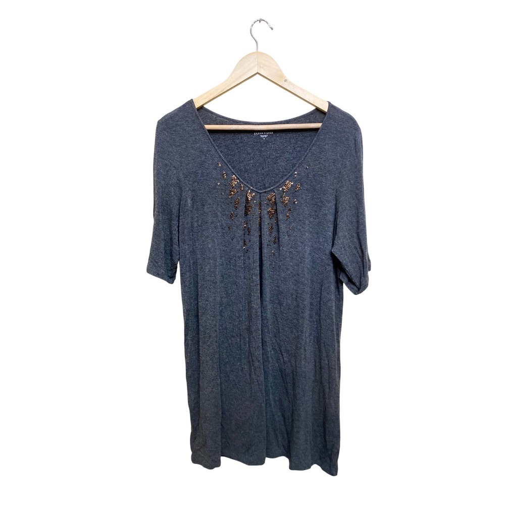 Eileen Fisher Womens Gray Sequin V-Neck Tunic‎ Top Elbow Sleeve Viscose Blend M